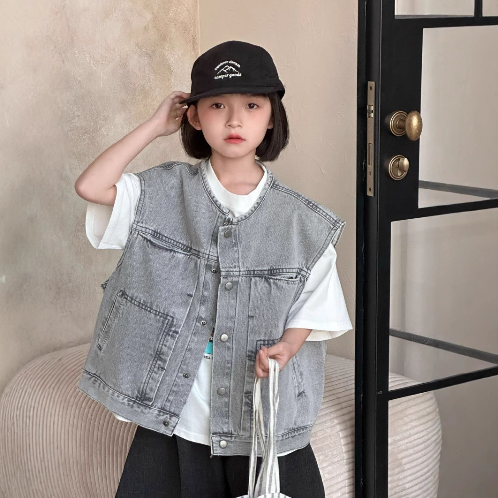 童马甲2026春新款韩版儿童做旧牛仔马甲男女童时尚宽松叠穿坎肩