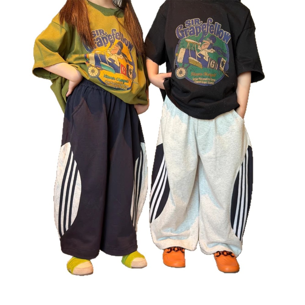 童裤2026春季新款童装儿童撞色拉条休闲裤男女童宽松抽绳运动裤潮