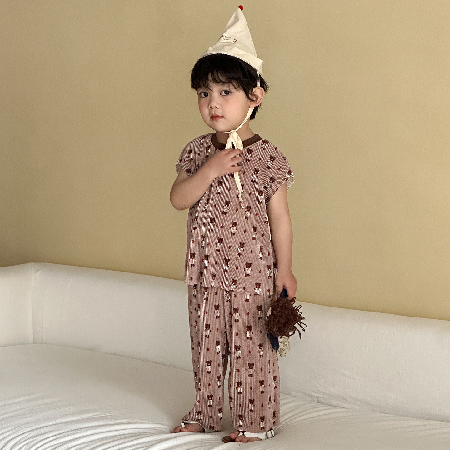 儿童夏季套装风琴百褶女童新款夏装宝宝男童印花印花背心长裤两件