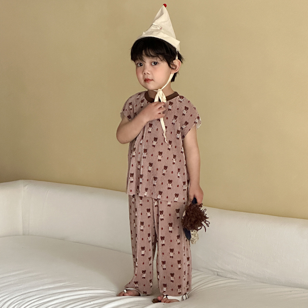 儿童夏季套装风琴百褶女童新款夏装宝宝男童印花印花背心长裤两件