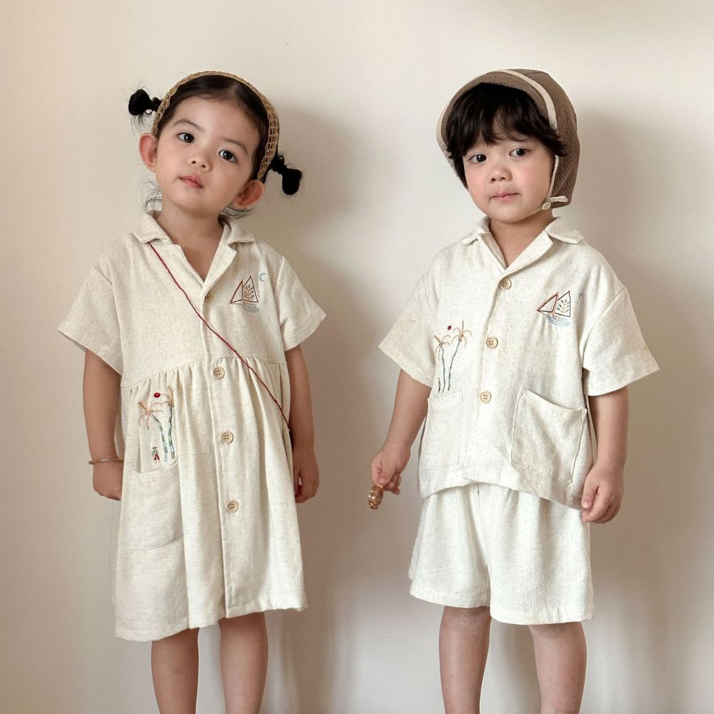 儿童夏季亚麻衬衫套装男童新款夏装宝宝洋气女童短袖连衣裙兄妹款