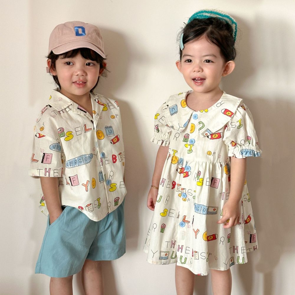 儿童夏季衬衫套装男童2026新款夏装宝宝洋气女童短袖连衣裙兄妹装