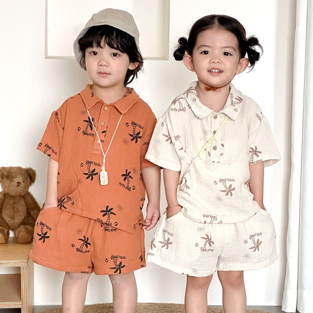 儿童夏季套装纯棉纱布女童宝宝2026新款夏装薄款男童休闲短袖短裤