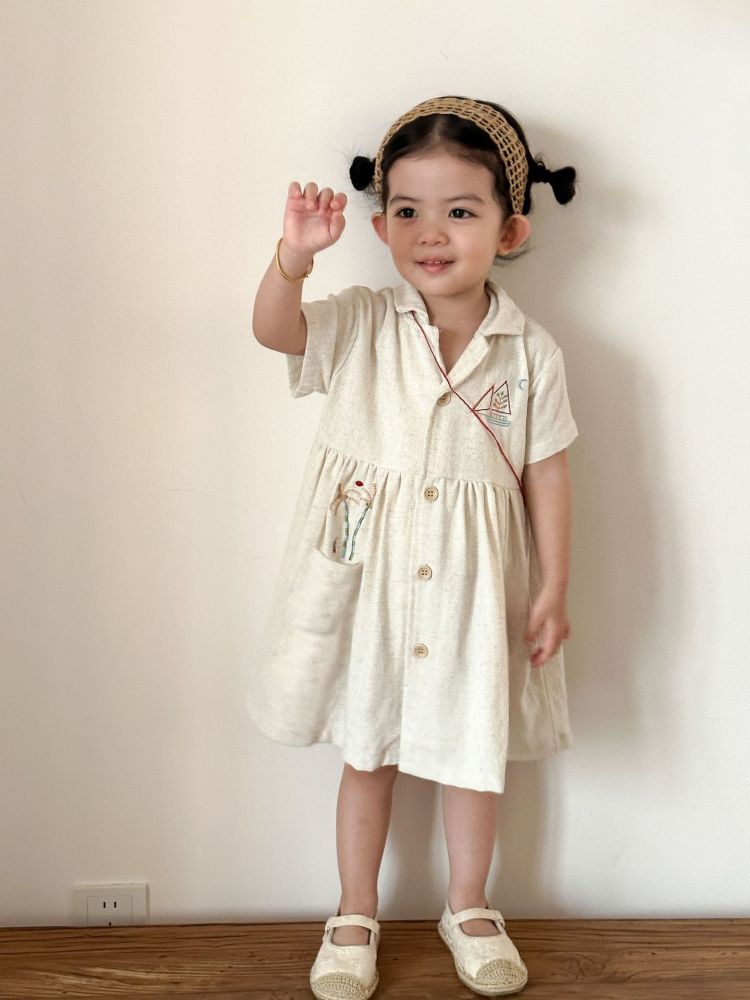 儿童夏季亚麻衬衫套装男童新款夏装宝宝洋气女童短袖连衣裙兄妹款