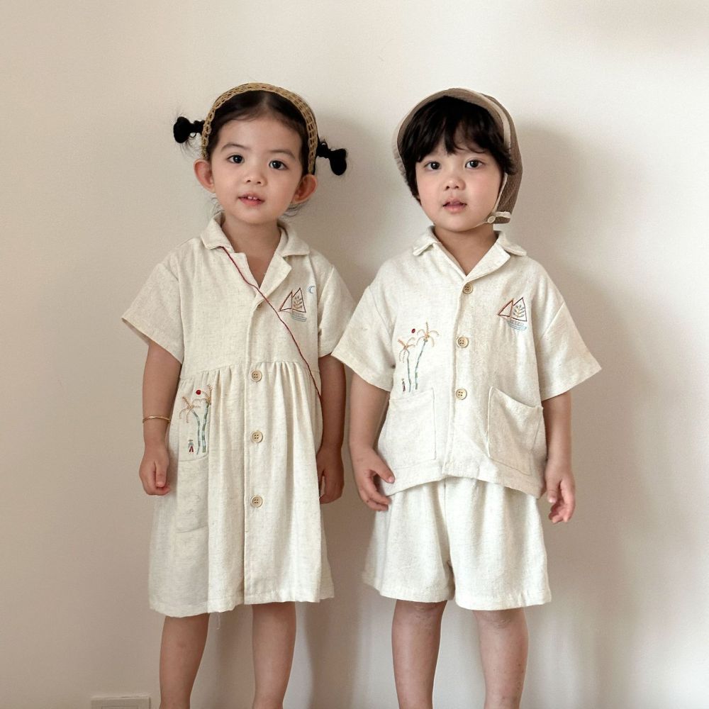儿童夏季亚麻衬衫套装男童新款夏装宝宝洋气女童短袖连衣裙兄妹款