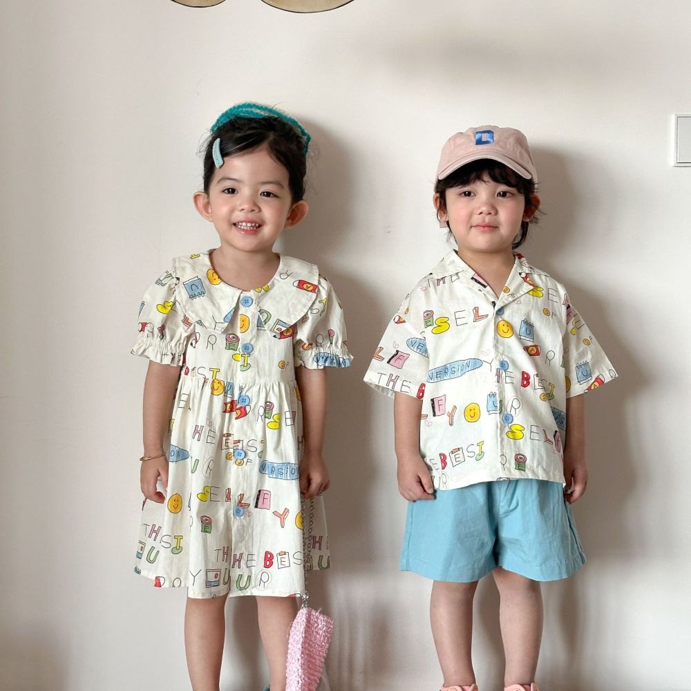 儿童夏季衬衫套装男童2026新款夏装宝宝洋气女童短袖连衣裙兄妹装