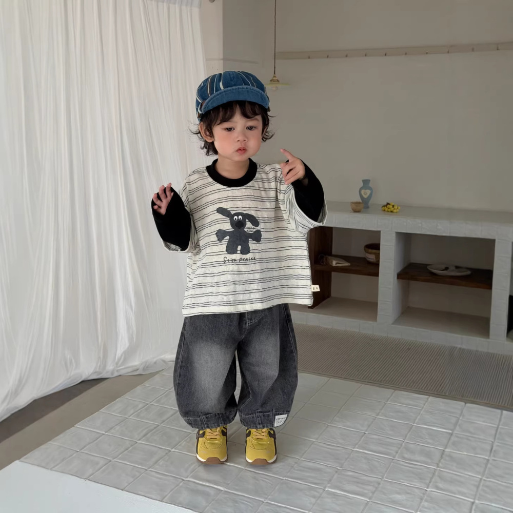 儿童衣服韩版春装宝宝春装2026韩版童装男童假两件T恤牛仔裤套装