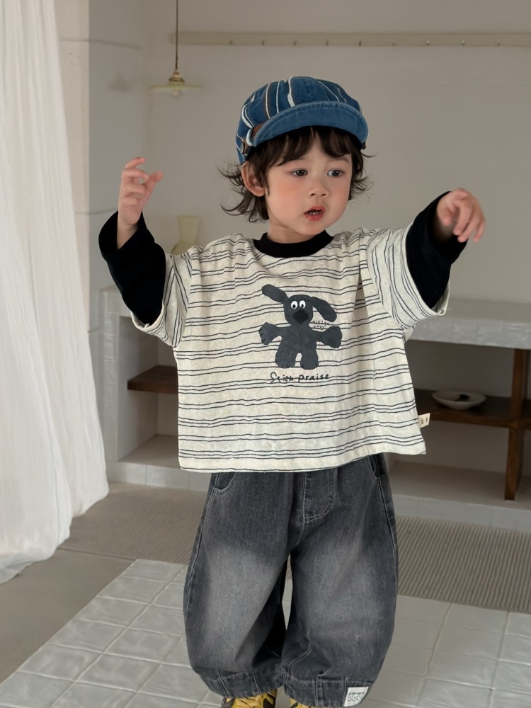儿童衣服韩版春装宝宝春装2026韩版童装男童假两件T恤牛仔裤套装