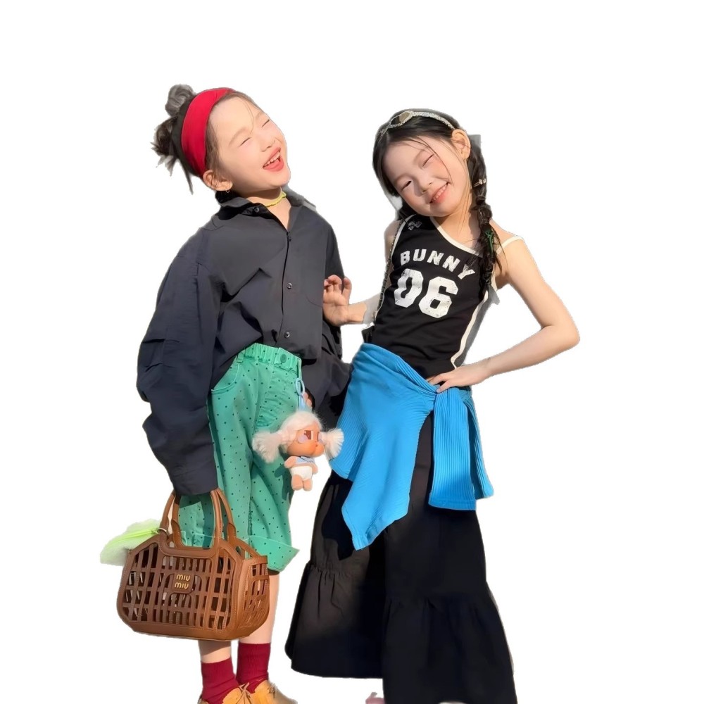 女童套装春季26新款儿童设计感拼接斜肩背心韩版宽松衬衣