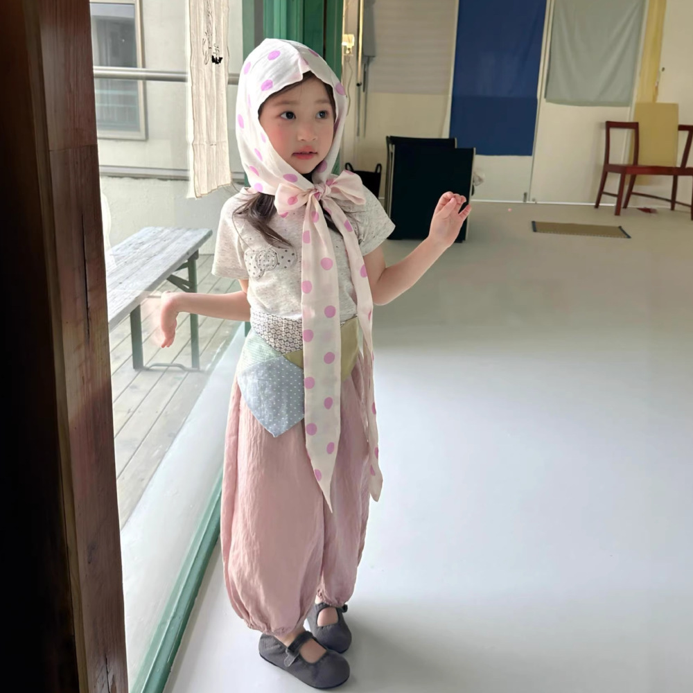 女童春夏套装2026新款小女孩韩系蝴蝶结T恤+防蚊灯笼裤童套装