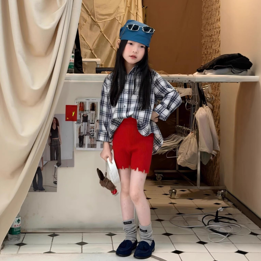 韩国女童套装2026春夏季新款儿童格子衬衫不规则短裤童套装