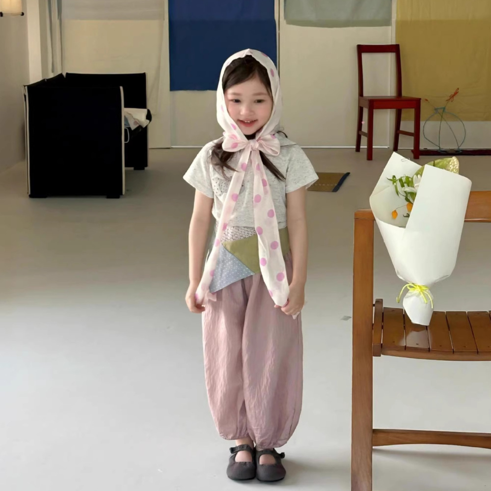女童春夏套装2026新款小女孩韩系蝴蝶结T恤+防蚊灯笼裤童套装