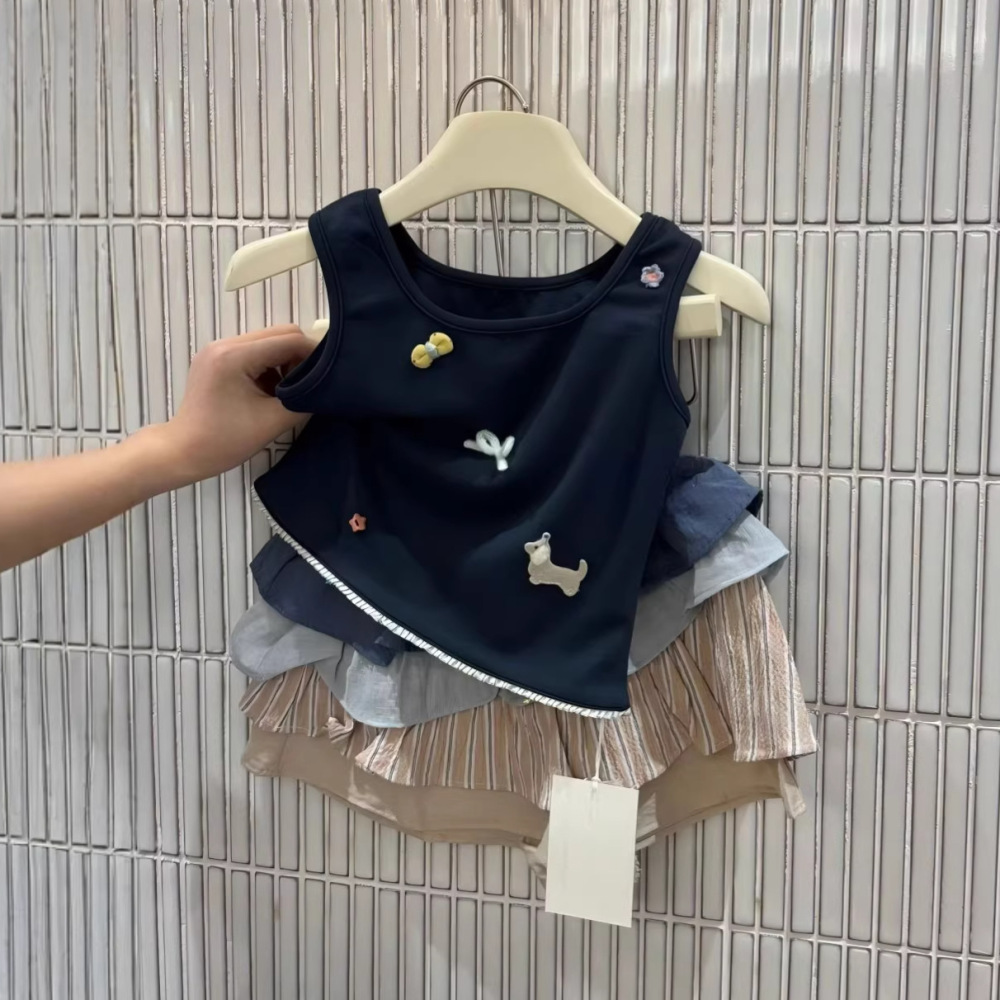女童夏套装2026新款小女孩韩系女童套装 卡通背心+拼色半身裙