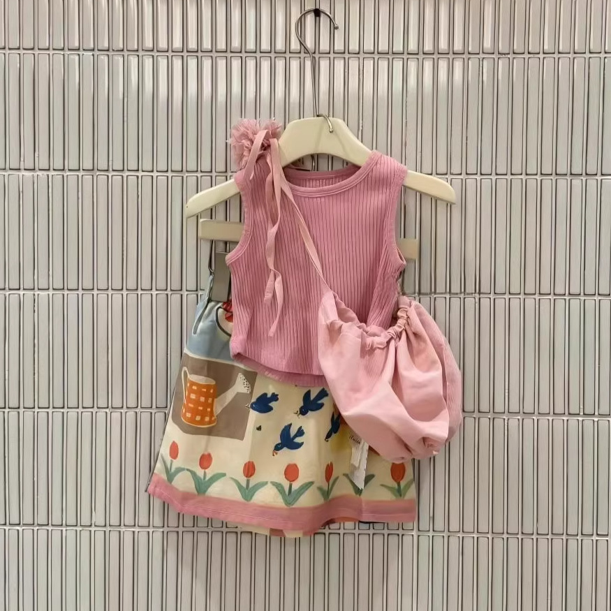 2026夏季新款童装 韩版童装女童套装 背心+花朵半身裙外贸