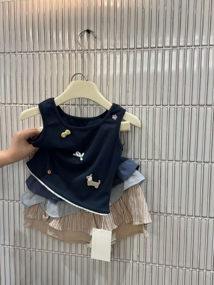 女童夏套装2026新款小女孩韩系女童套装 卡通背心+拼色半身裙