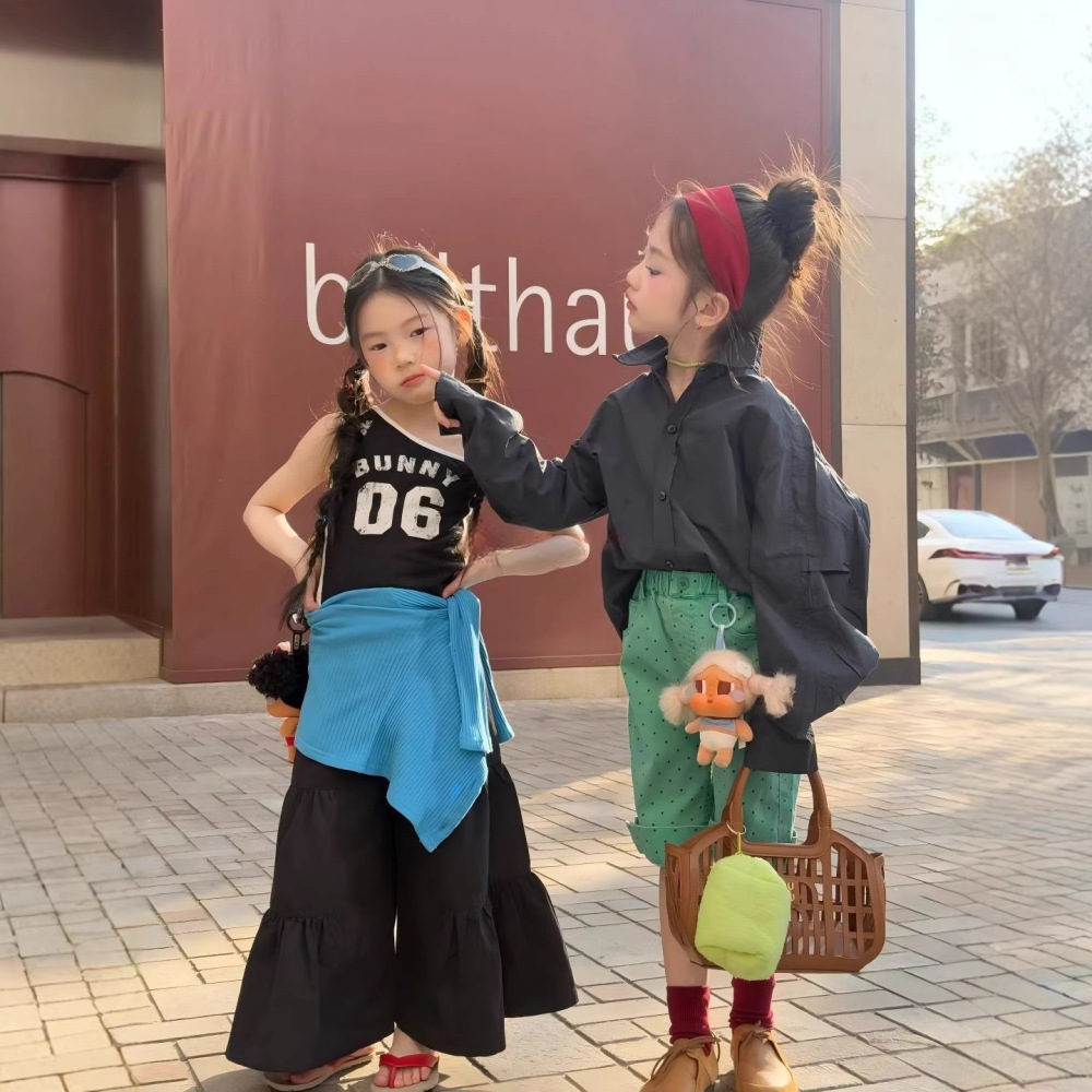 女童套装春季26新款儿童设计感拼接斜肩背心韩版宽松衬衣