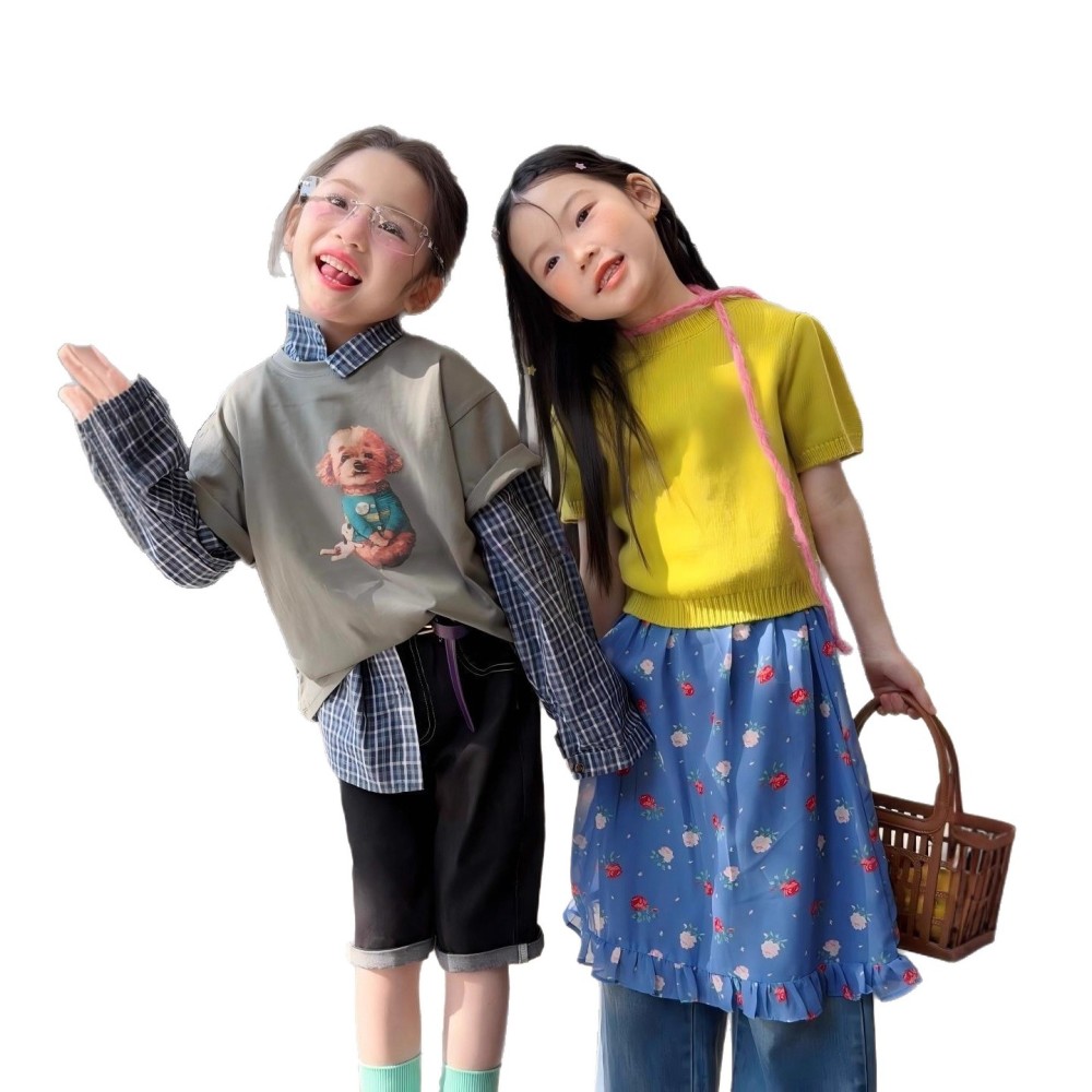 bora韩国童装儿童春夏卡通简搭短袖叠穿格子衬衣女童牛仔裤套