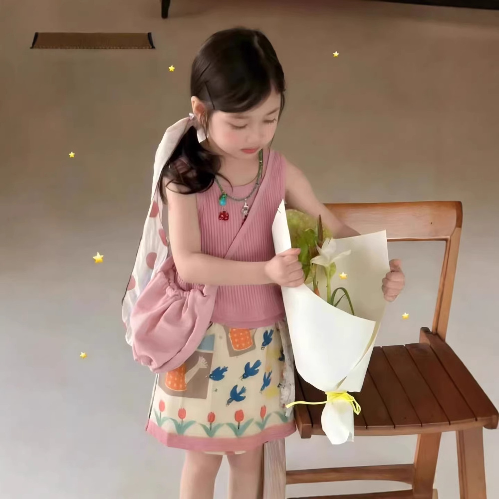 2026夏季新款童装 韩版童装女童套装 背心+花朵半身裙外贸