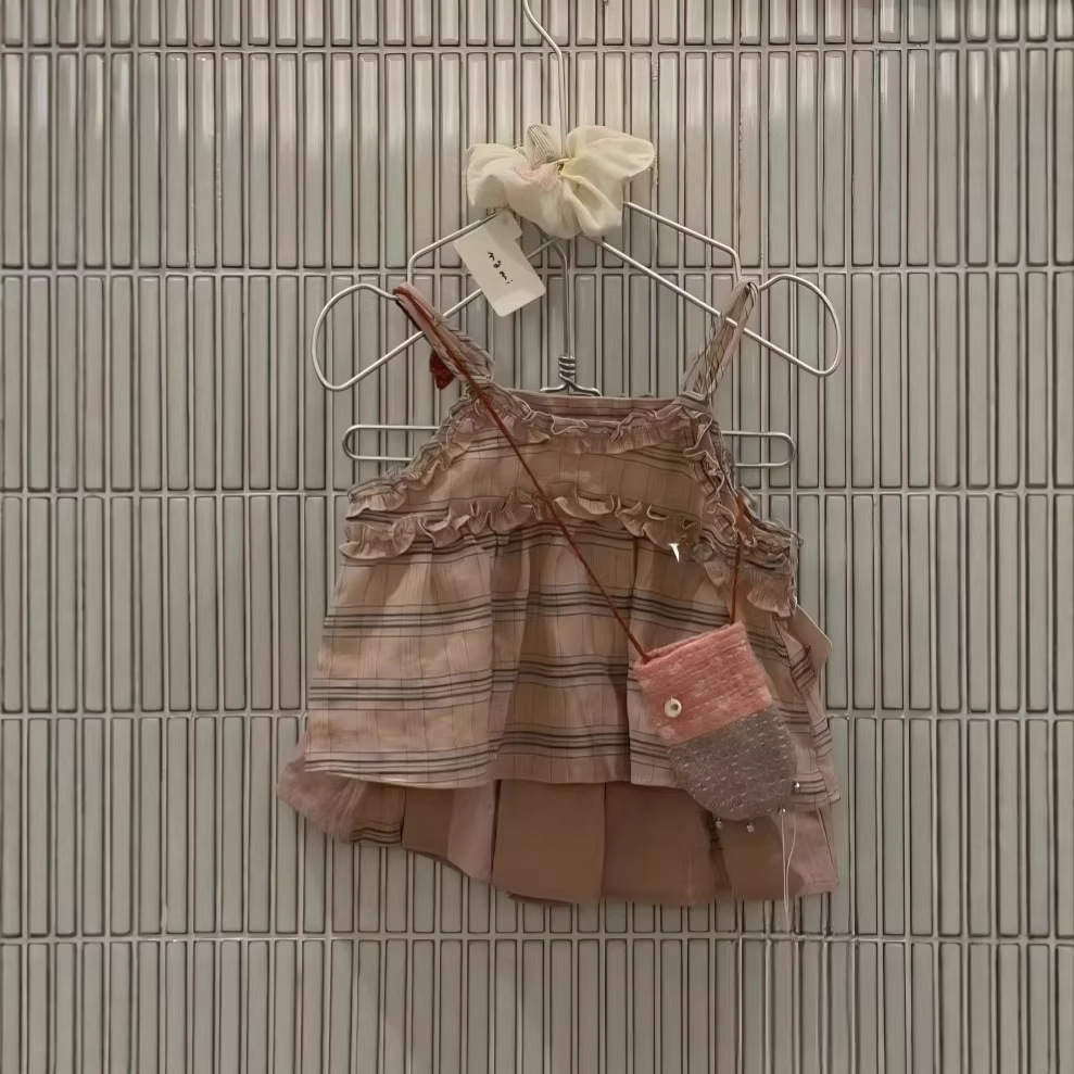 韩系童装2026春夏新款女童套装格子甜美吊带小衫+半身裙两件套