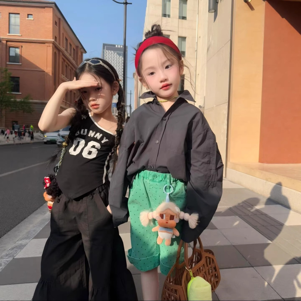 女童套装春季26新款儿童设计感拼接斜肩背心韩版宽松衬衣