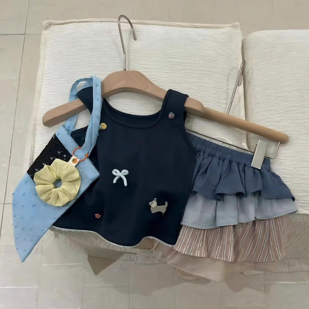 女童夏套装2026新款小女孩韩系女童套装 卡通背心+拼色半身裙