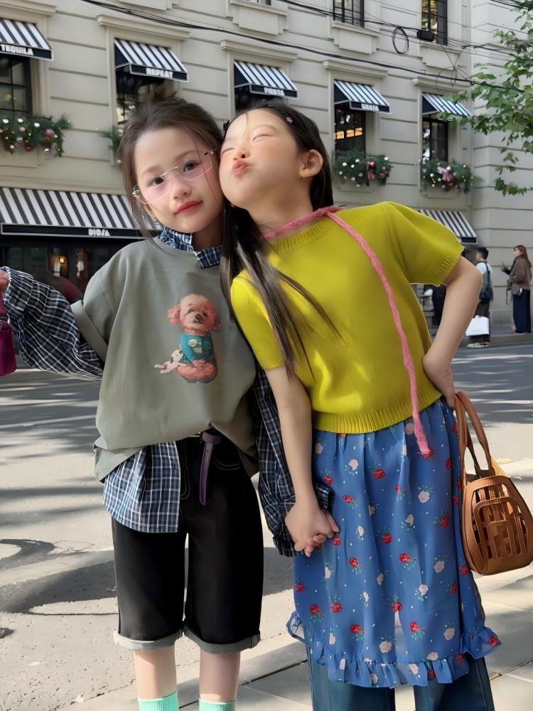 bora韩国童装儿童春夏卡通简搭短袖叠穿格子衬衣女童牛仔裤套