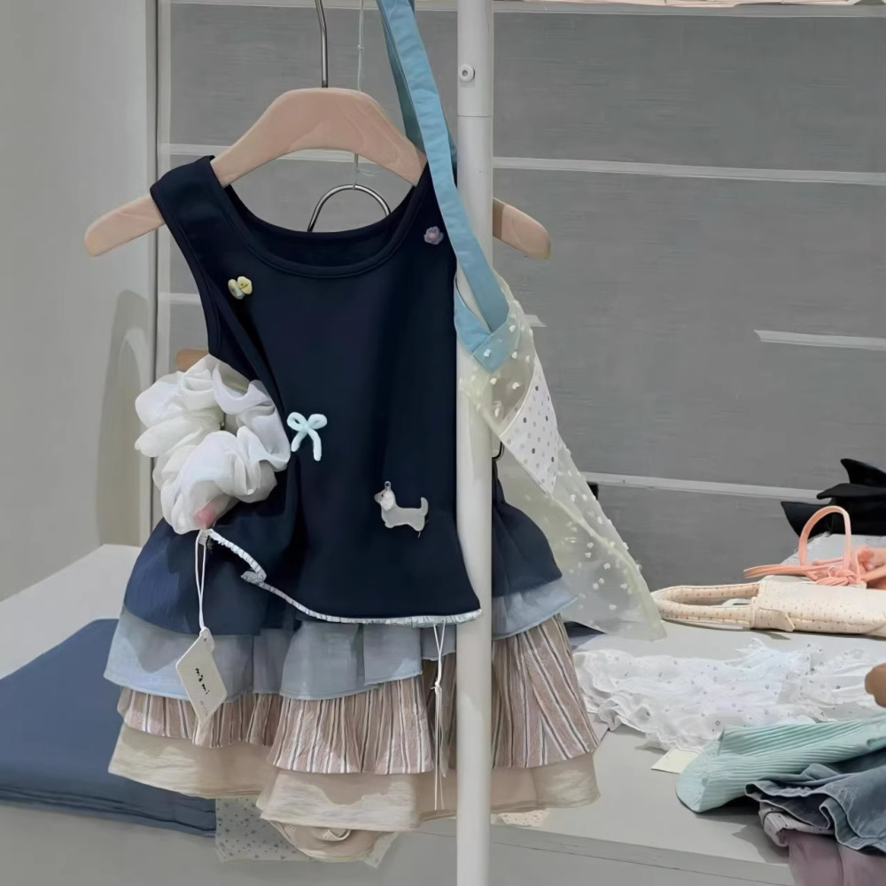 女童夏套装2026新款小女孩韩系女童套装 卡通背心+拼色半身裙