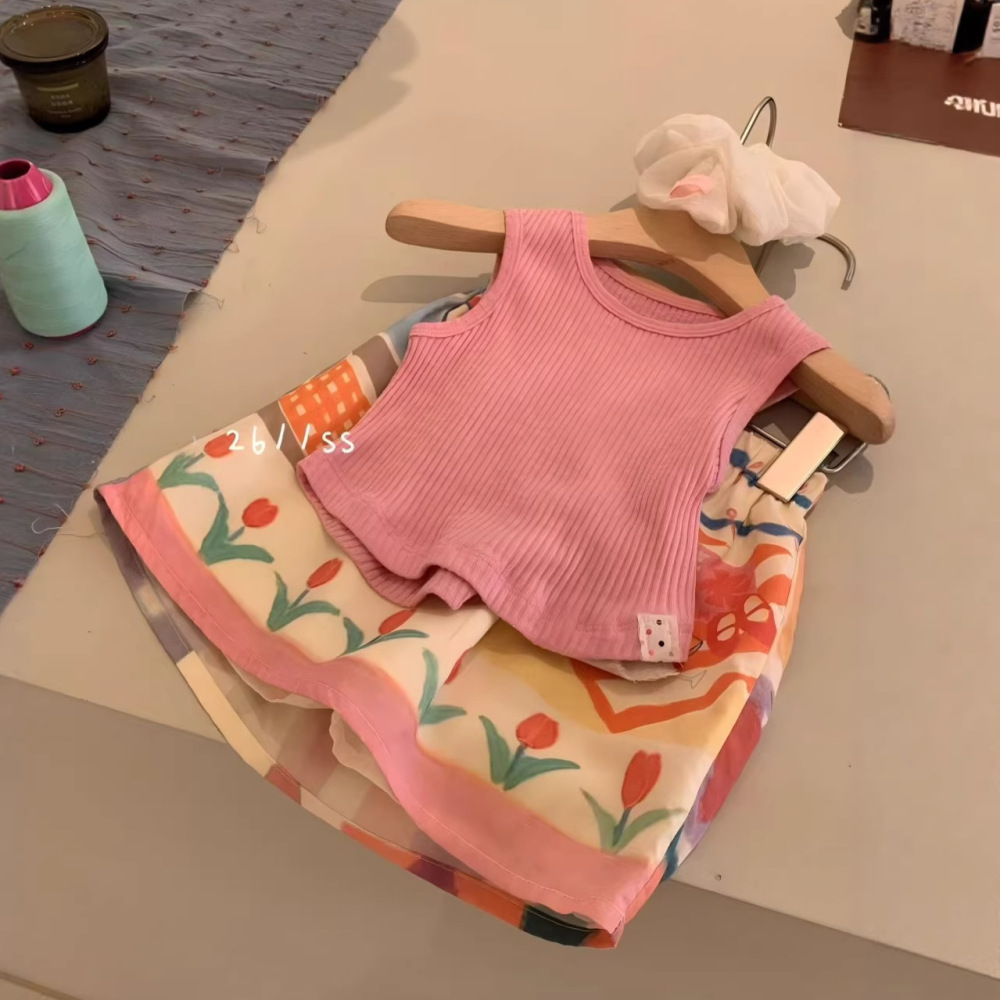 2026夏季新款童装 韩版童装女童套装 背心+花朵半身裙外贸