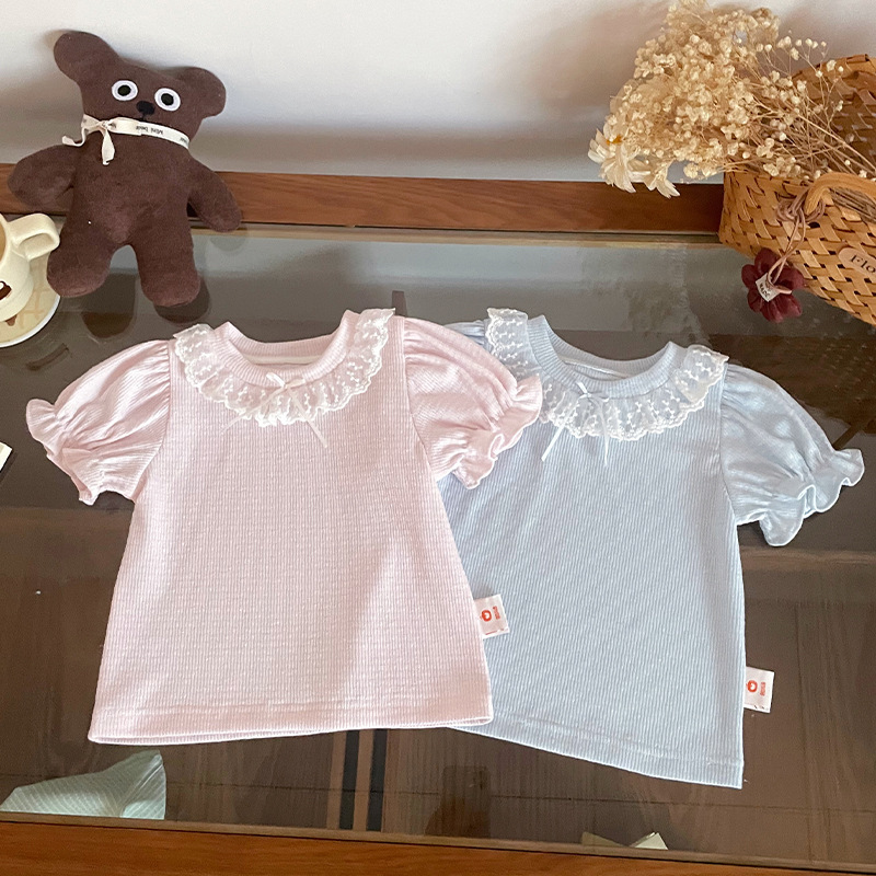 【现货】XY267016女童短袖 2026夏季新品泡泡袖蕾丝花边领短袖T恤