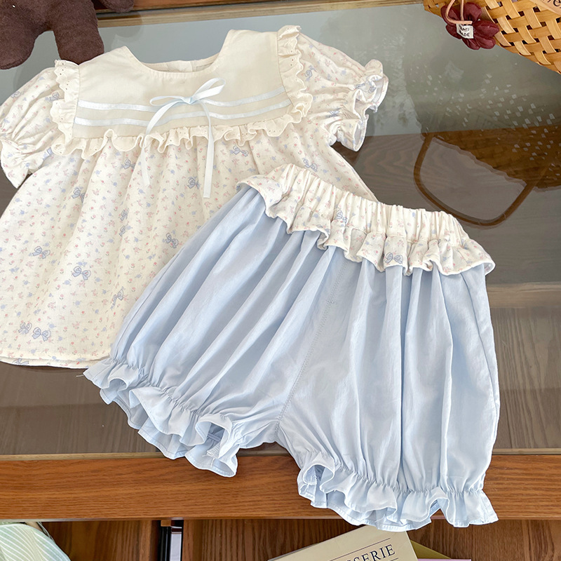 【现货】XT269013女童童套装2026夏季新品碎花上衣花边短裤两件套