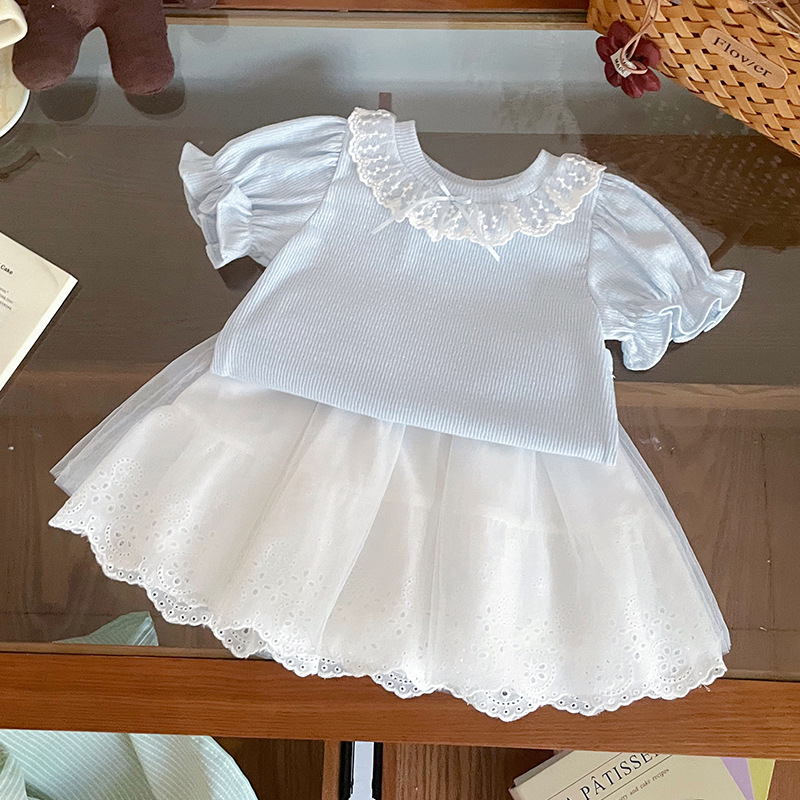 【现货】XY267016女童短袖 2026夏季新品泡泡袖蕾丝花边领短袖T恤