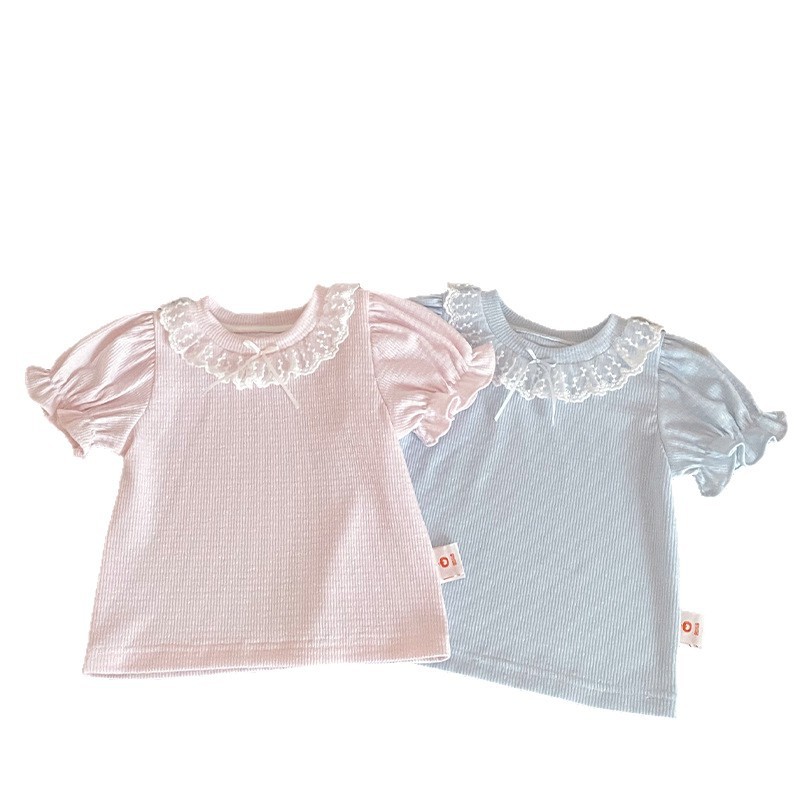 【现货】XY267016女童短袖 2026夏季新品泡泡袖蕾丝花边领短袖T恤