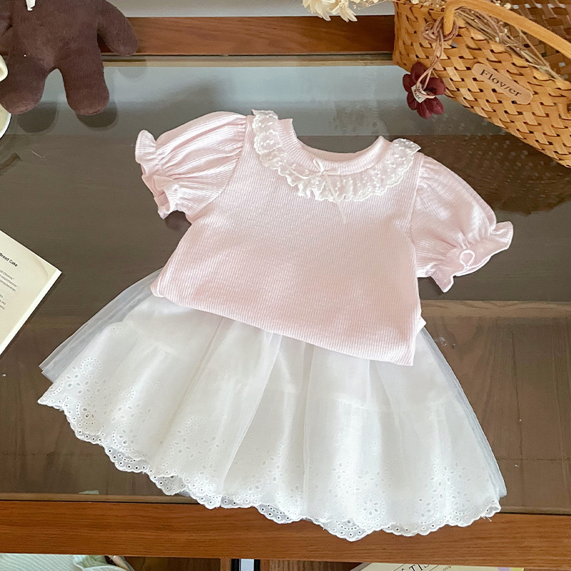 【现货】XY267016女童短袖 2026夏季新品泡泡袖蕾丝花边领短袖T恤