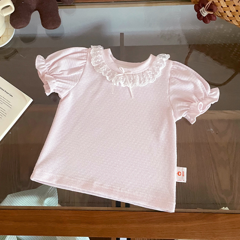 【现货】XY267016女童短袖 2026夏季新品泡泡袖蕾丝花边领短袖T恤
