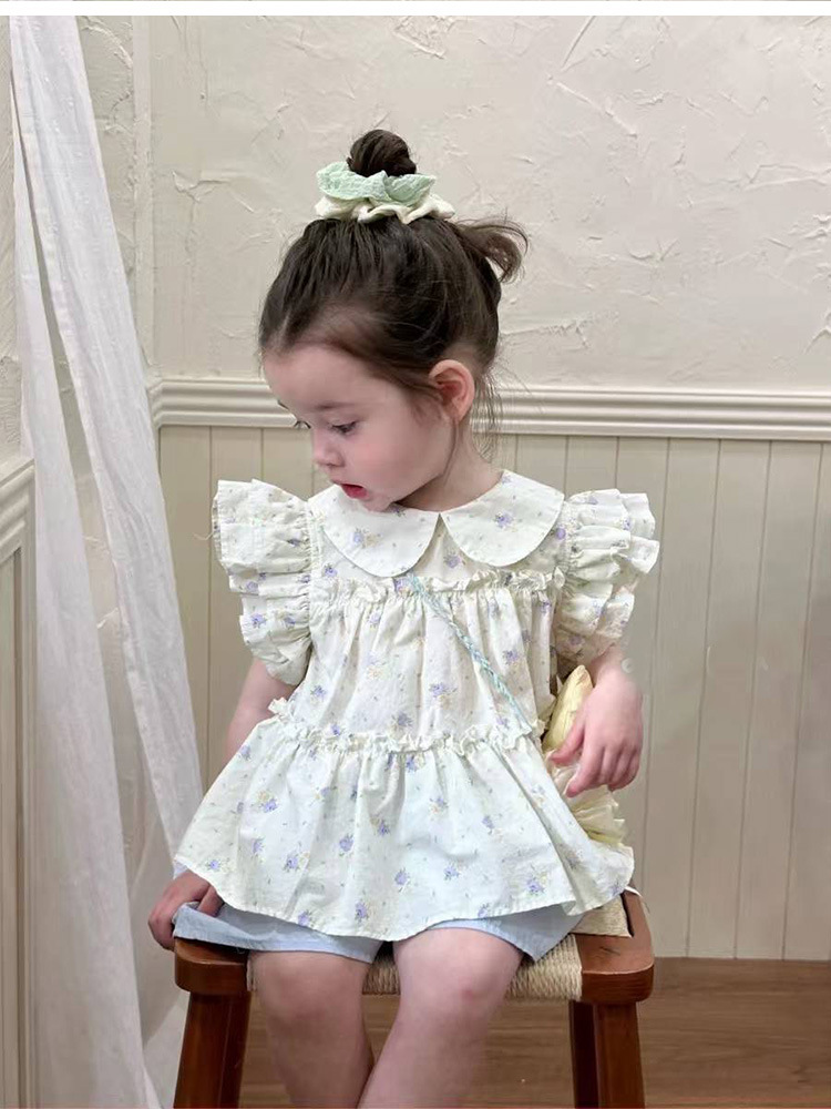 【现货】飞袖碎花上衣+XK251366棉布短裤2025夏季新款女童衬衫