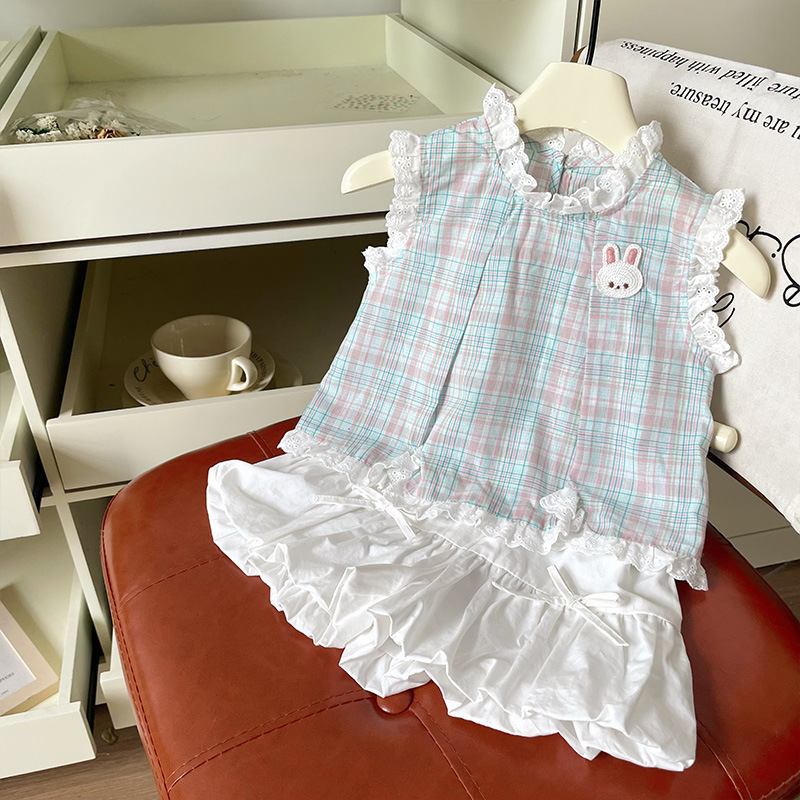 【现货】DZ25258女童套装 2025夏季蕾丝花边蓝色格子小兔花苞套装