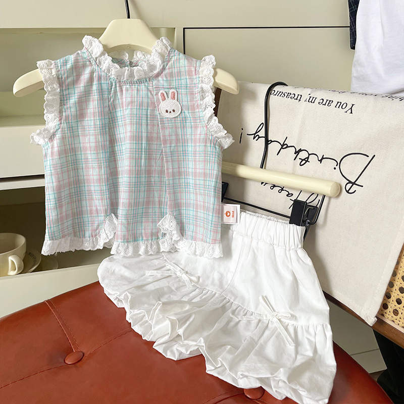 【现货】DZ25258女童套装 2025夏季蕾丝花边蓝色格子小兔花苞套装