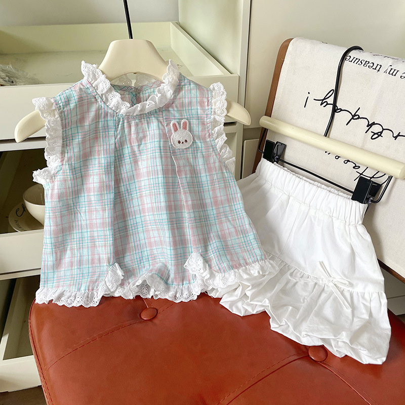 【现货】DZ25258女童套装 2025夏季蕾丝花边蓝色格子小兔花苞套装