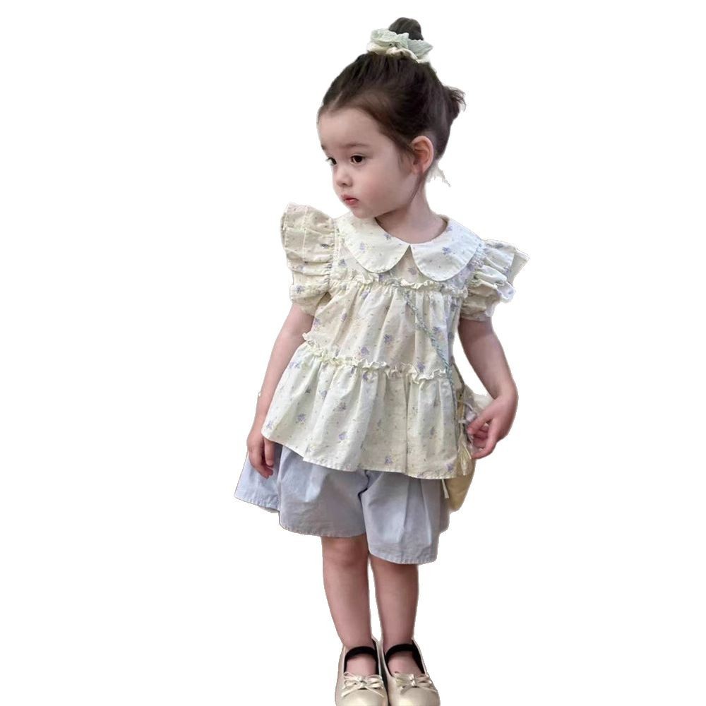 【现货】飞袖碎花上衣+XK251366棉布短裤2025夏季新款女童衬衫