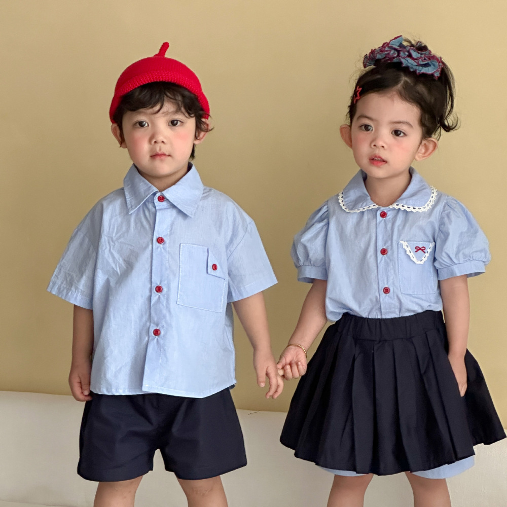 儿童夏季衬衫套装学院风男童2026新款宝宝女童短袖裙子姐弟兄妹装