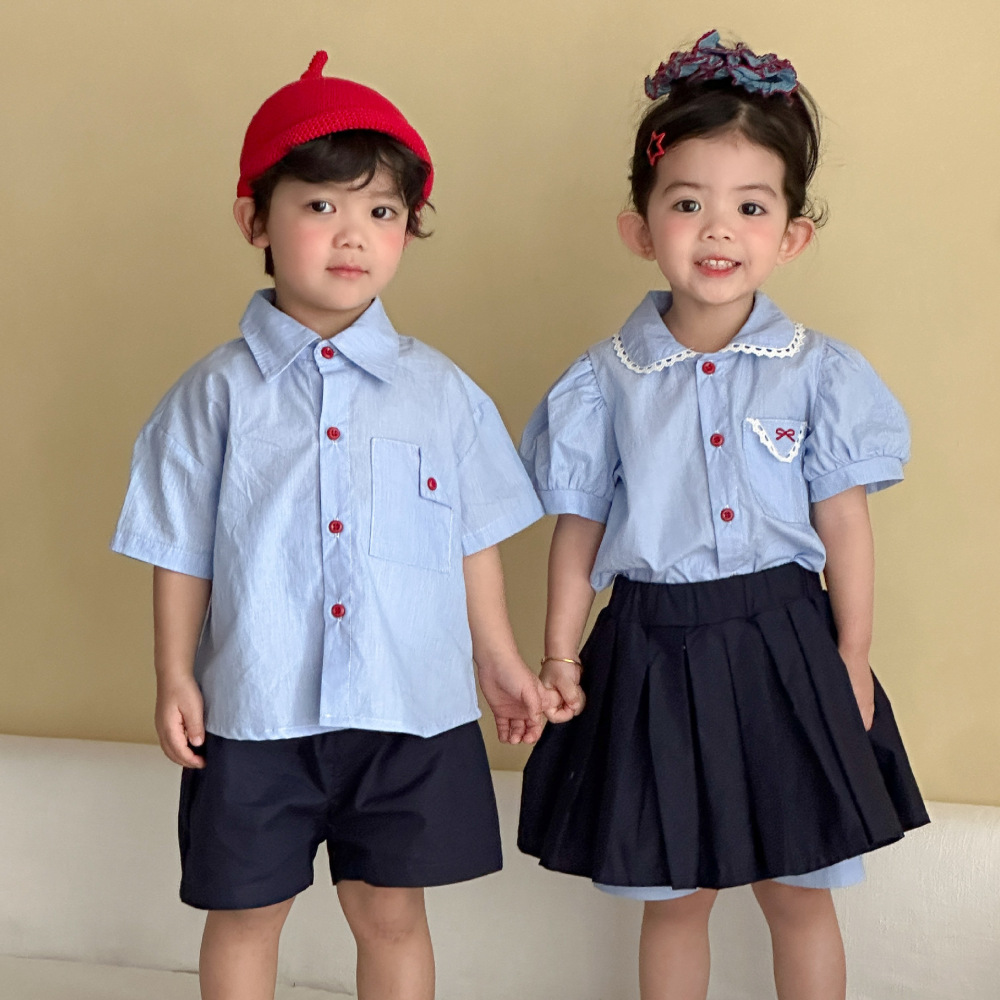 儿童夏季衬衫套装学院风男童2026新款宝宝女童短袖裙子姐弟兄妹装