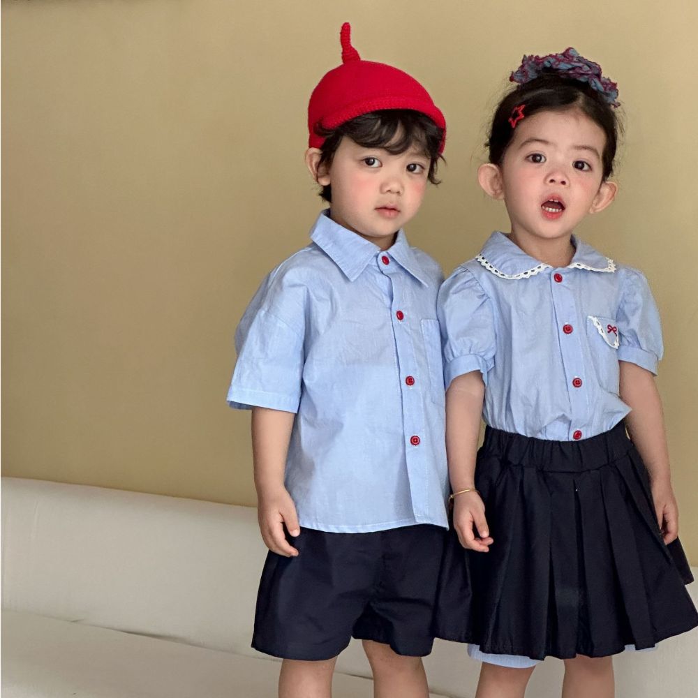 儿童夏季衬衫套装学院风男童2026新款宝宝女童短袖裙子姐弟兄妹装