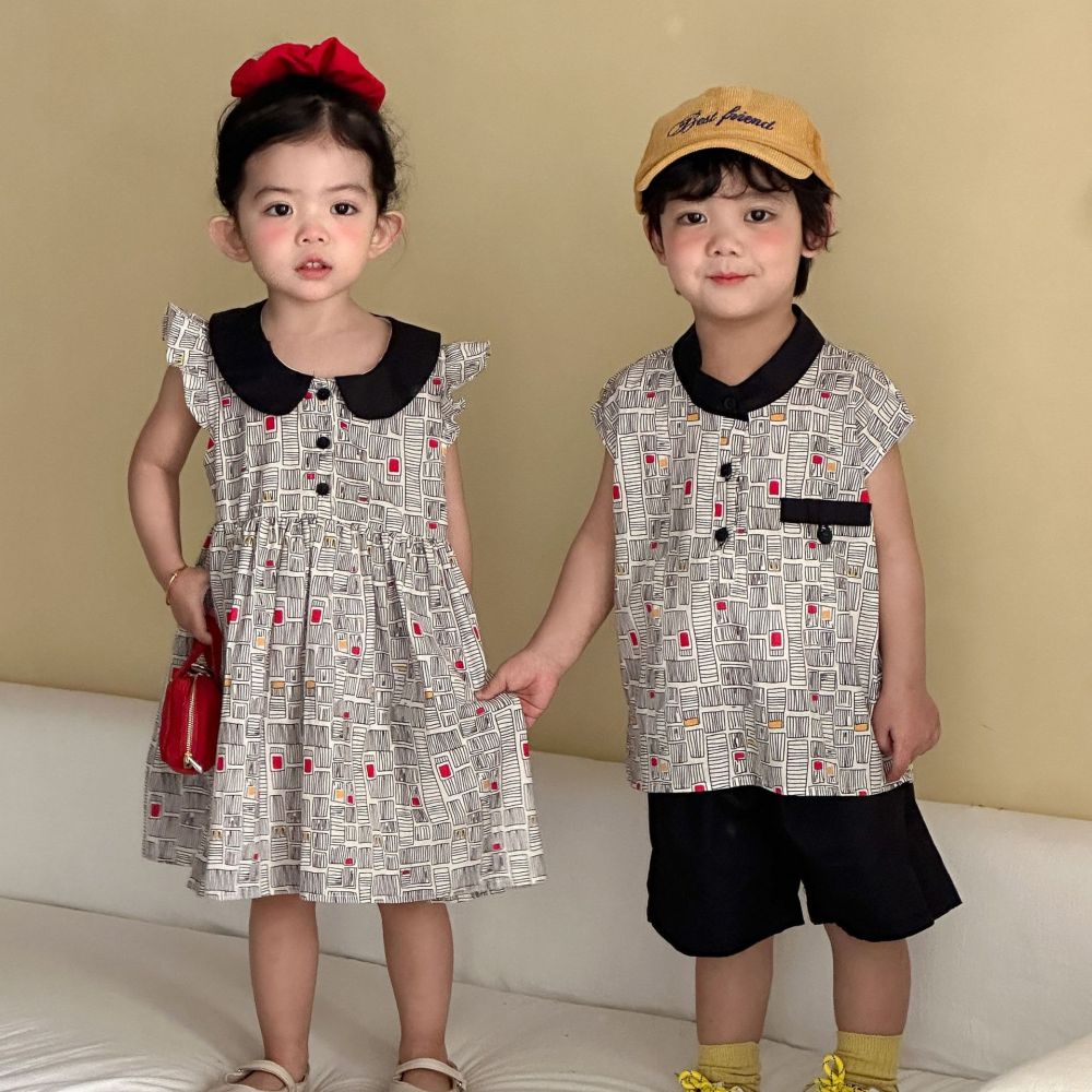 儿童夏季背心套装男童休闲2026新款宝宝女童洋气连衣裙姐弟兄妹装