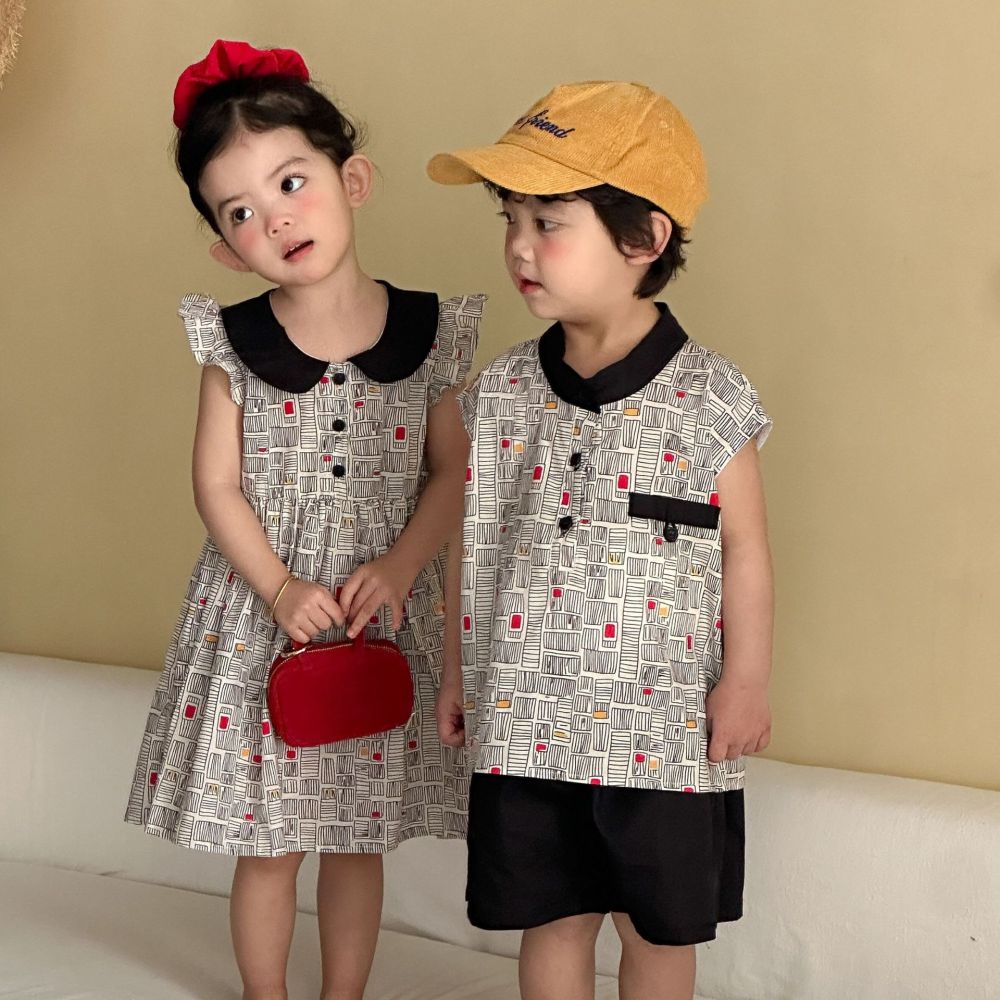 儿童夏季背心套装男童休闲2026新款宝宝女童洋气连衣裙姐弟兄妹装