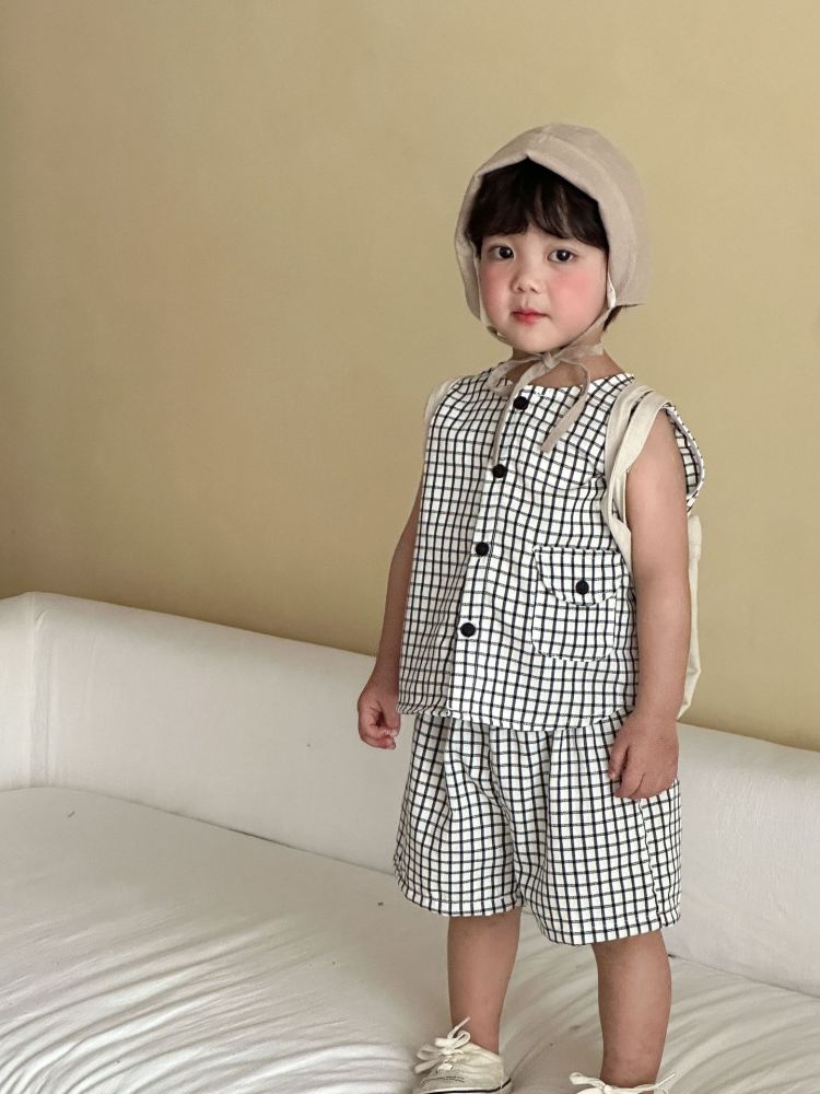 儿童夏季套装男童洋气格子2026新款宝宝女童背心连衣裙姐弟兄妹装