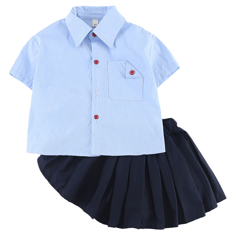 儿童夏季衬衫套装学院风男童2026新款宝宝女童短袖裙子姐弟兄妹装