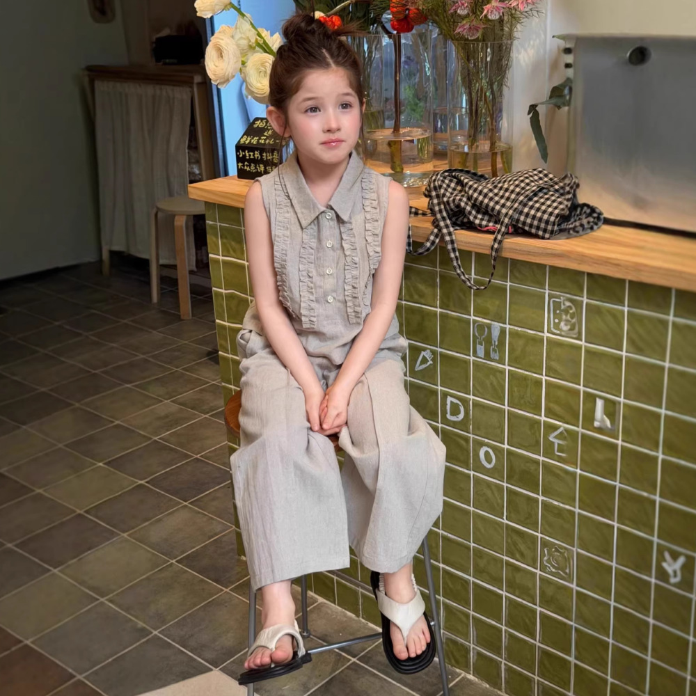 26年春夏新款压褶无袖翻领上衣九分长裤两件套小女孩辣妹套装洋气