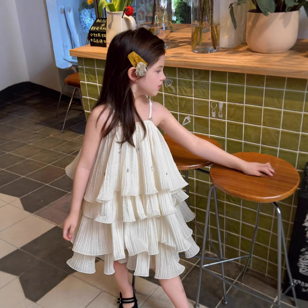 法式绝美边压褶吊带蛋糕裙2026年夏季新款甜美女童蓬蓬连衣裙