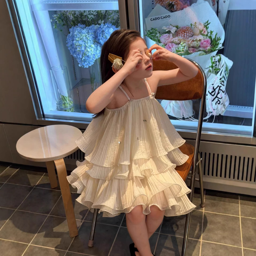 法式绝美边压褶吊带蛋糕裙2026年夏季新款甜美女童蓬蓬连衣裙
