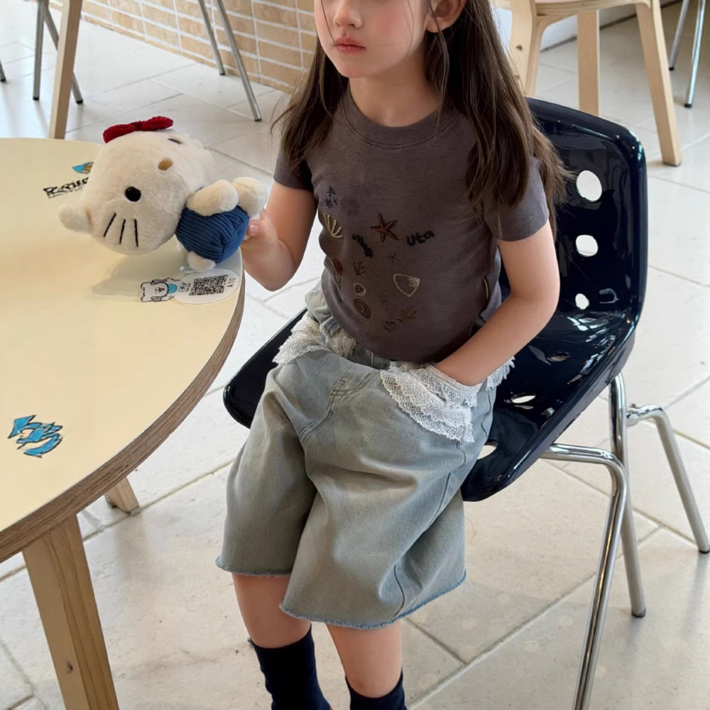 2026年春夏新款女童蕾丝简约设计感中裤时尚百搭洋气薄牛仔中裤子